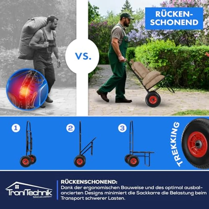 TroniTechnik Sackkarre Anglerkarre, klappbar mit Luftbereifung, rutschfester Transportfläche, Tragkraft 100 kg, wetterfest und geländetauglich, LxBxH 67x55x102 cm – Bild 3