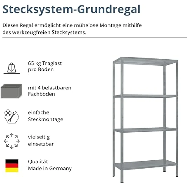 Schulte Regalwelt Lagerregal mit 4 PowerMAX-Fachböden, 180x80x40cm Regalsystem, Steckregal mit einfacher Montage ohne Verschrauben, Traglast je Boden bis zu 65 Kg (bis zu 260 Kg Gesamttraglast) - 4056397005575 – Bild 4