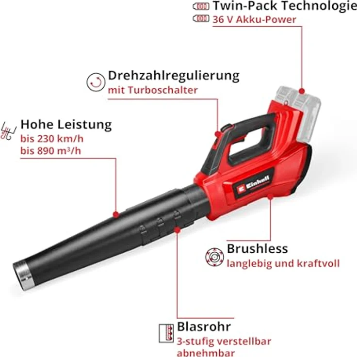 Einhell Akku-Laubbläser Professional GP-LB 36/230 Li E BL-Solo, 36 V Twin-Pack, bürstenloser Motor, 890 m³/h Blasleistung, ergonomisches Design, ohne Akku und Ladegerät – Bild 3