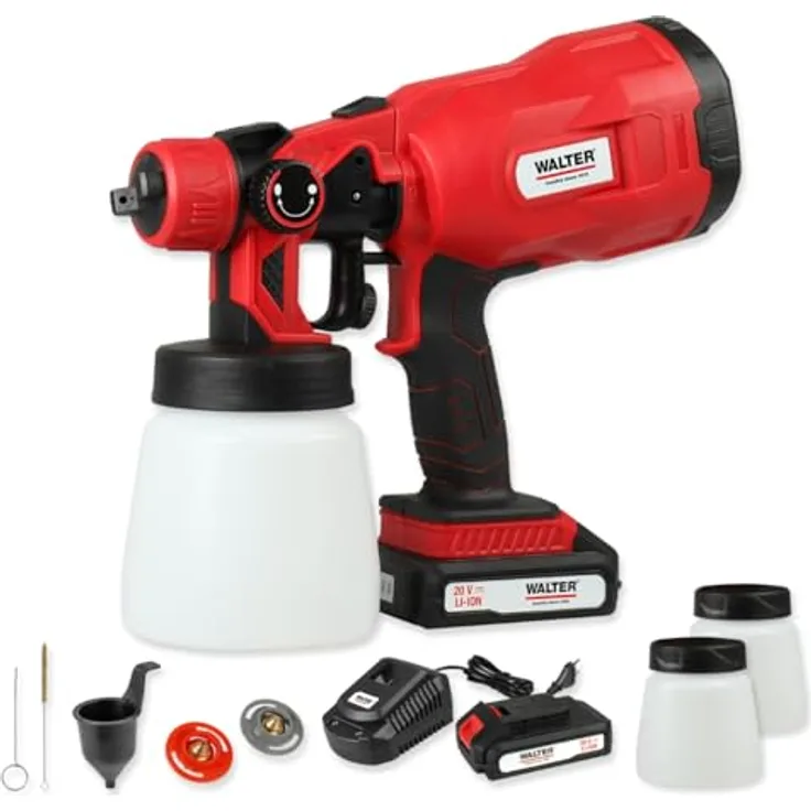 WALTER Farbsprühgerät Farbsprühsystem 20 V, 10-tlg Set mit 2 Sprühaufsätzen, 2 Behältern & Akku für DIY-Projekte