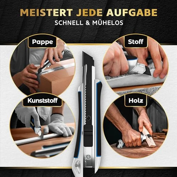 KRAFTFELS Cuttermesser Profi 5er Set - Robustes Cuttermesser 18mm inklusive 10 extrem scharfen Klingen - Rutschfestes Cutter & Universalmesser Teppichmesser - Aluminiumgehäuse - Ersatzklingen 18mm - Sturz- & stoßfest - Rostschutz-Ölfilm – Bild 2