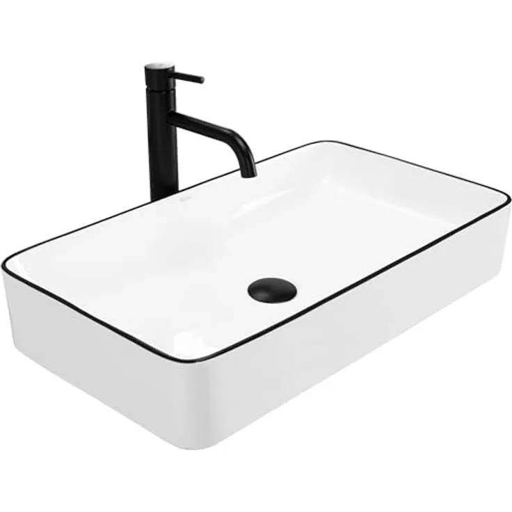 wohnwerk.idee Aufsatzwaschbecken rechteckig, Keramik Design Badwaschbecken in Weiß mit Schwarz, Marmoroptik und Weiß Schwarz Edge