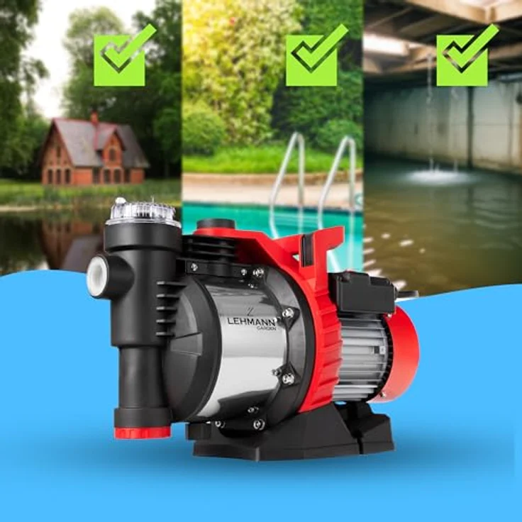 LEHMANN Gartenpumpe, 900 W, 3600 L/H, 4,2 bar, Induktionsmotor, bürstenlos, Thermischer Schutz, IP X4, Wasserfilter, Max. Ansaugtiefe 8 m, Max. Entladehöhe 42 m, Kabellänge 1 m – Bild 2