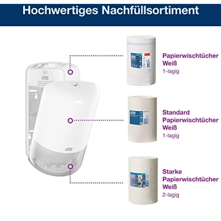 Tork 558000 Mini Innenabrollungsspender für M1 Papierwischtücher, hygienische Einzeltuchentnahme, weiß, (B x H x T) 174 x 321 x 165 mm – Bild 4