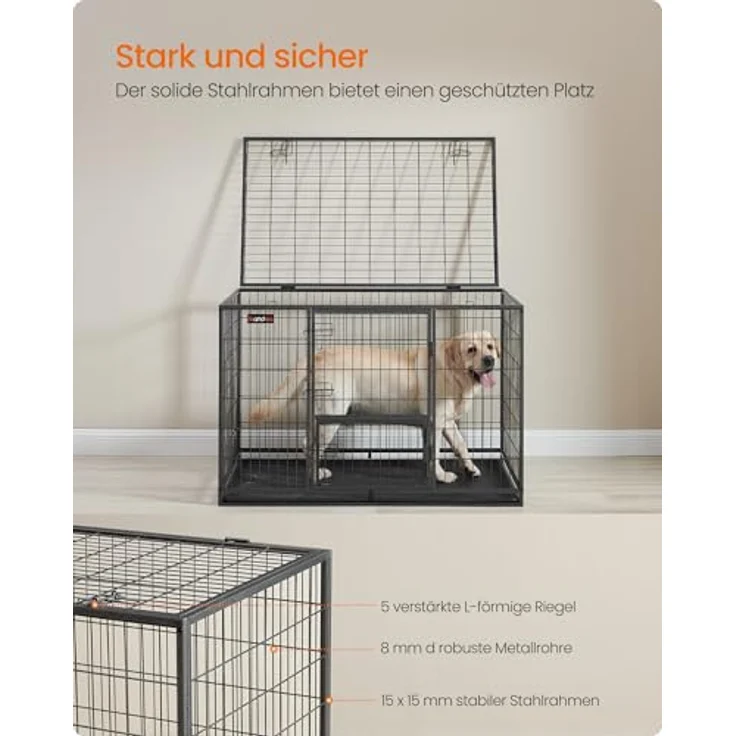 Feandrea Hundekäfig XXL, hochbelastbar, Gitterbox für große Hunde, transportabel, 122 x 75,5 x 80,5 cm, Grau – Bild 3
