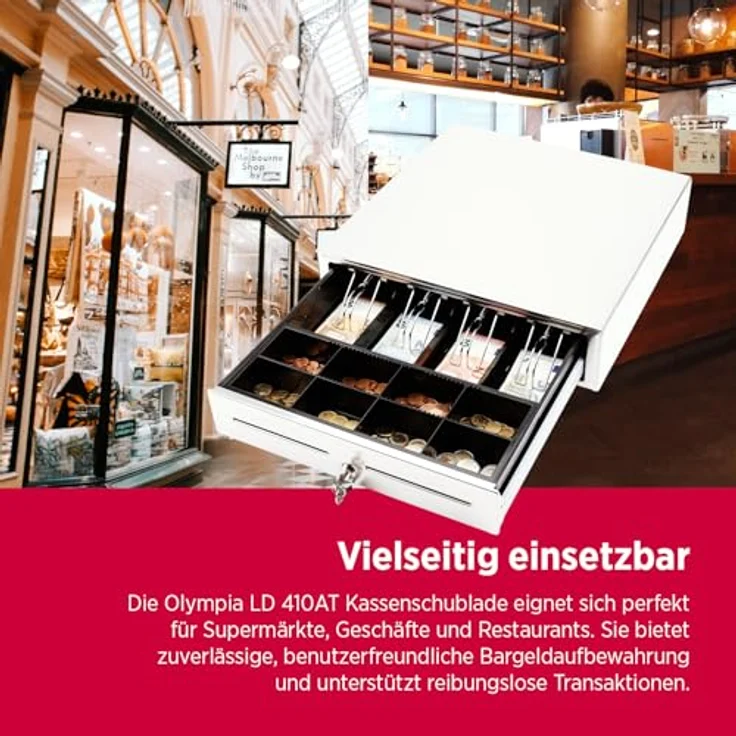 Olympia LD 410S Kassenschublade, abschließbare Geldkassette mit Einwurfschlitz, RJ12-kompatibel, 8 Münzfächer & 4 Scheinfächer, Metallgeldbox für Handel & Gastronomie, 41,5x41x10,4 cm – Bild 5