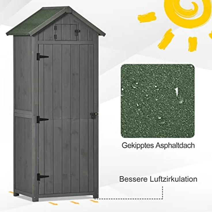 Outsunny Gartenschrank Gartenhaus Gerätehaus Geräteschuppen mit Fachböden Asphaltdach Fenster Holz Grau+Grün 77 x 54,2 x 179 cm – Bild 5