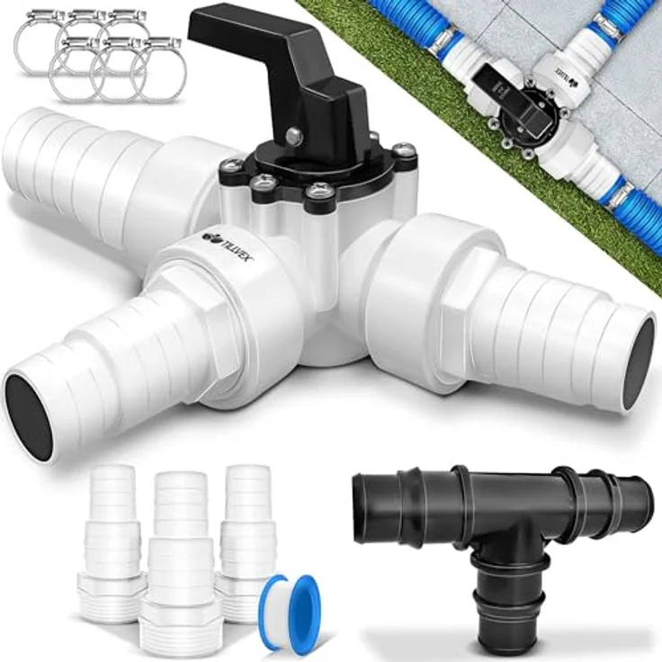 tillvex® Bypass Set Pool, 12-teiliges Set für Solarheizung, Wärmepumpe & Sandfilteranlage, Ø32 & 38 mm Anschlüsse, inkl. 3-Wege-Ventil und Adapter – Bild 1