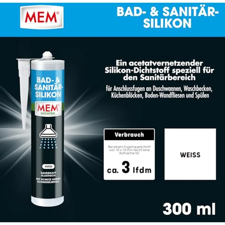 MEM Bad- & Sanitär-Silikon, Dauerhaft elastischer Silikon-Dichtstoff mit Schutz gegen Schimmelbefall, Gebrauchsfertig, Lösemittelfrei, 300 ml Kartusche, Weiß – Bild 2
