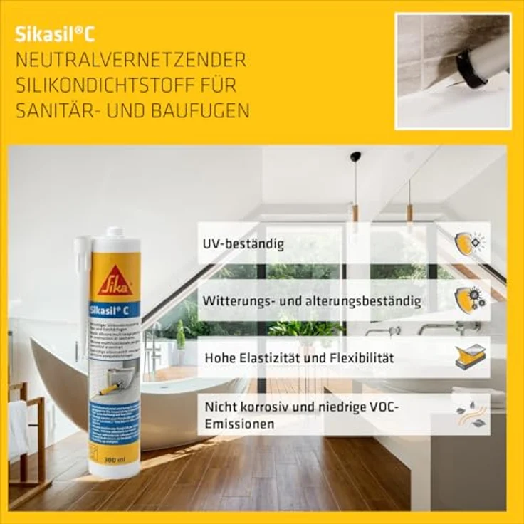 Sika Sikasil C Sanitär Silikon, Betongrau, wasserdicht, schimmelresistent, geruchsarm, 300 ml – Bild 3