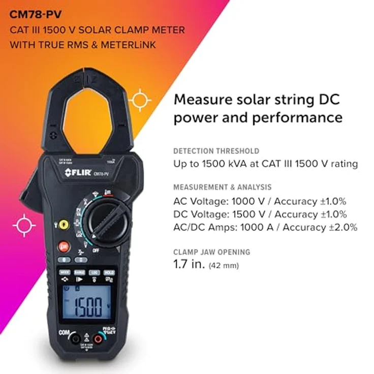 FLIR CM78-PV, CAT III 1500 V Solar-Stromzange mit METERLiNK-Konnektivität für gewerbliche und industrielle elektrische Inspektionen, inkl. IR-Thermometer – Bild 2