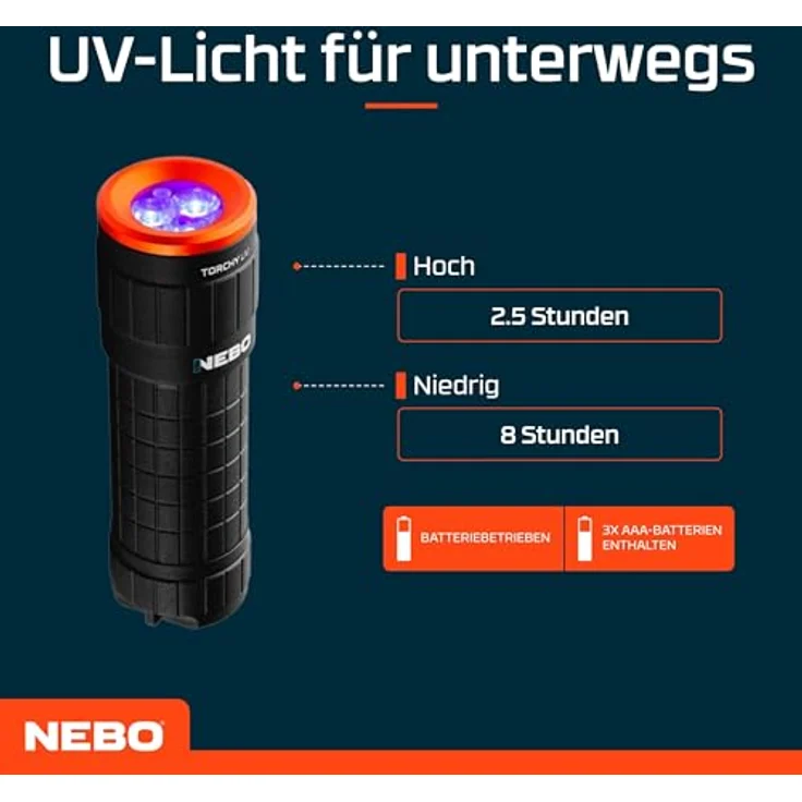 NEBO Torchy UV, UV Schwarzlicht Inspektions-Taschenlampe, kompakt und tragbar, langlebige Aluminiumkonstruktion, batteriebetrieben für Authentifizierungszwecke – Bild 5