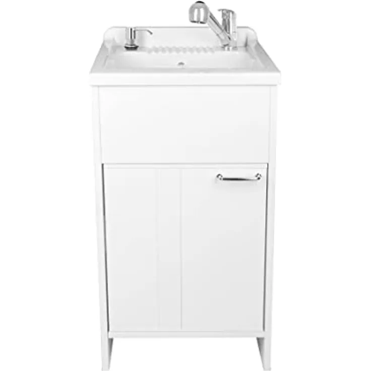 ADGO Set Spüle + Unterschrank, Wirtschaftliche Senke mit Seifenbehälter, ausziehbarem Wasserhahn, Reibe zum Waschen, Farbe Weiß/Silber (45x50)