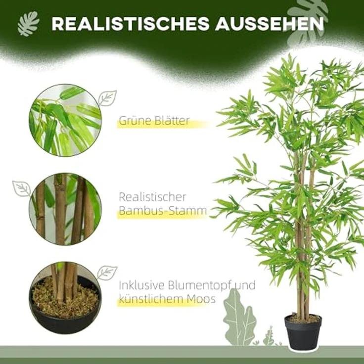 Outsunny HOMCOM künstlicher Bambus groß 150cm Kunstpflanze, Plastik Künstliche Pflanzen im Topf, Fake Plant Bambus wie echt mit Kunstmoos für Wohnzimmer Schlafzimmer Büro Garten Moderne Dekoration, grün – Bild 4