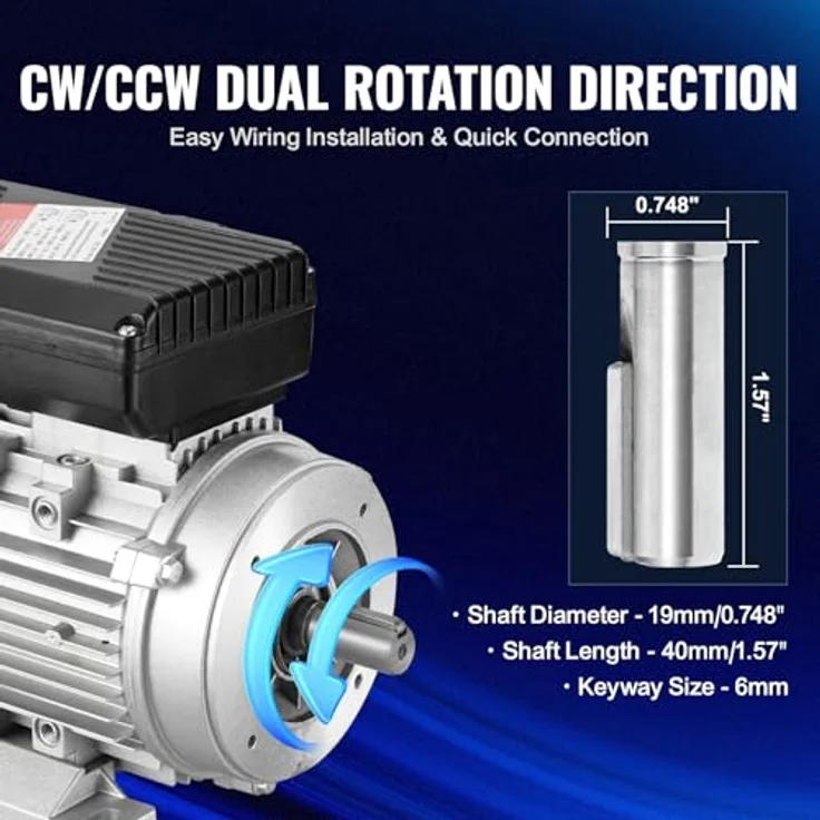 VEVOR 0,75 kW Elektromotor, einphasig, 2850 U/min, AC 220-240 V, 5,15 A, B34-Rahmen, 19 mm Keilwelle, Rechts-/Linkslauf, ideal für landwirtschaftliche Maschinen und Geräte – Bild 4
