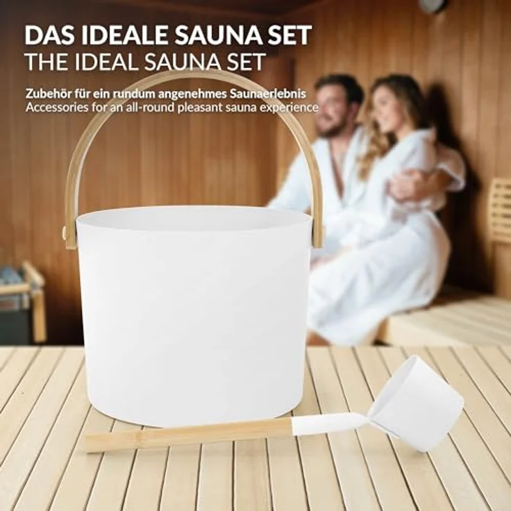 LuxeBath Saunazubehör-Set 2-TLG, Aufgusskübel aus Aluminium & Bambus, Weiß, 6L mit klappbarem Griff & Schöpfkelle, langlebiges Sauna Zubehör – Bild 4