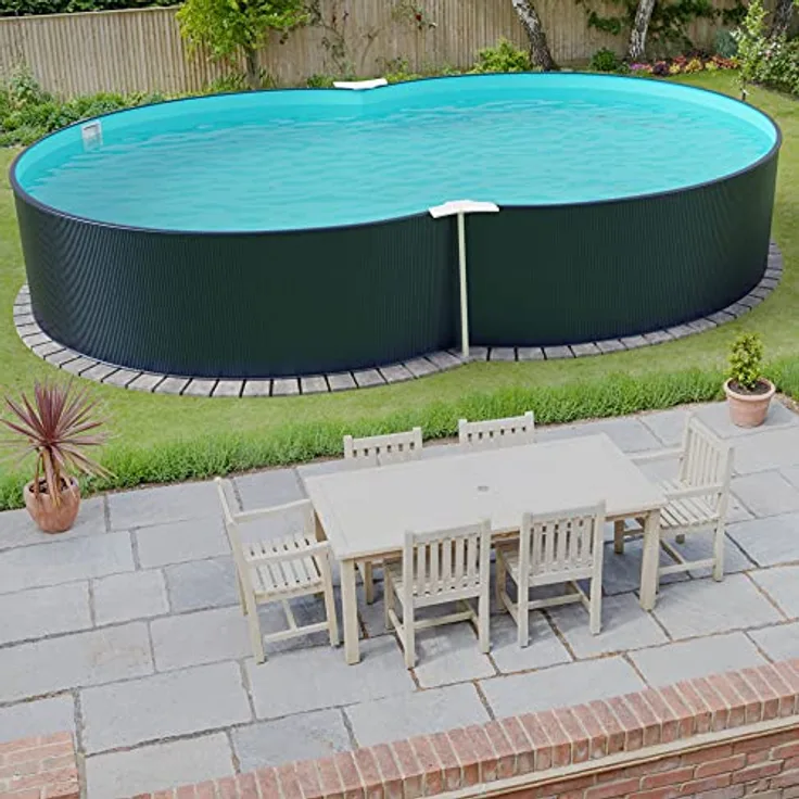 Stahlwandpool achtform 470x300x120 cm, Stahl 0,4 mm anthrazit, Folie 0,4 mm blau, Einhängebiese