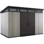 Keter Artisan 11x7 Gerätehaus – Wetterfestes Gartenhaus mit Boden, Pultdach, Doppeltüren & Fenster, Ideal für Outdoor-Aufbewahrung, 342x218x226cm, 13,7 m³, grau