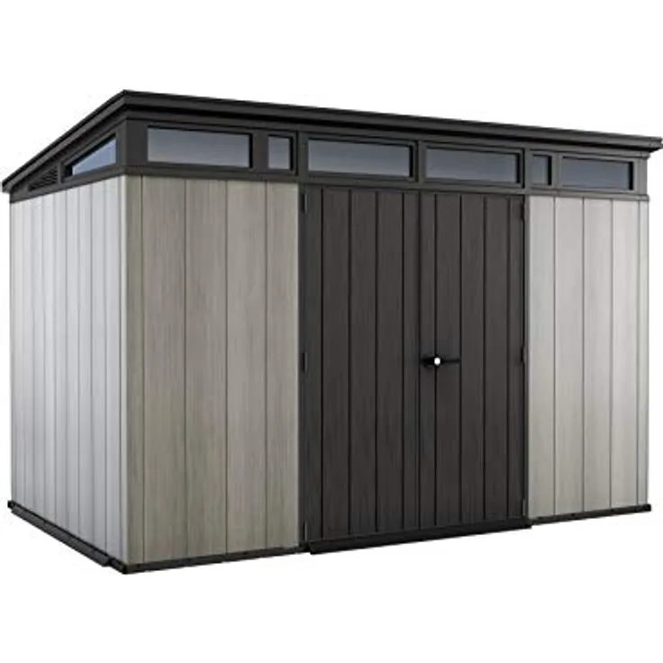 Keter Artisan 11x7 Gerätehaus – Wetterfestes Gartenhaus mit Boden, Pultdach, Doppeltüren & Fenster, Ideal für Outdoor-Aufbewahrung, 342x218x226cm, 13,7 m³, grau