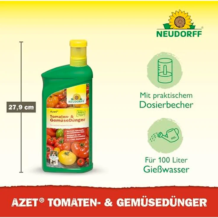 Neudorff Azet Gemüsedünger Bio, 1 Liter Flüssigdünger für Tomaten und Gemüse, organisch, vegan, mit Dosierbecher, für 100L Gießwasser – Bild 3