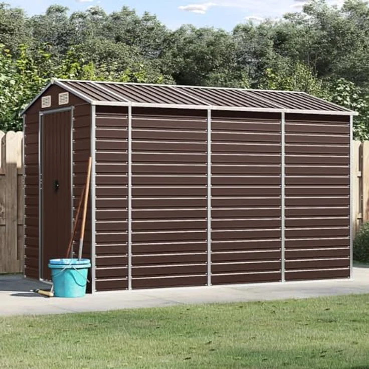 vidaXL Gerätehaus, Gartenhaus mit Schrägdach Griffe, Gartenschuppen Schuppen mit Stauraum, Geräteschuppen Metallschuppen, Braun 191x300x198 cm Verzinkter Stahl – Bild 2