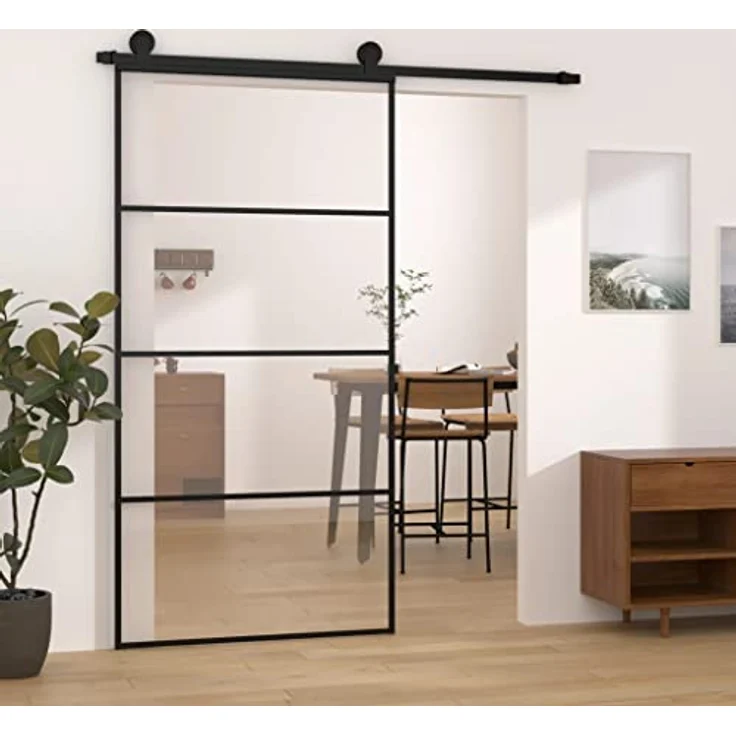 vidaXL Schiebetür 102,5x205 cm, ESG-Glas & Aluminium, schwarze Innentür mit Geräuschdämpfung, inklusive Montagebeschläge – Bild 2