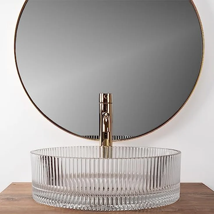 wohnwerk.idee Aufsatzwaschbecken Glaswaschbecken Ingrid Ø39,5 Schwarz Grau Weiß rund, modernes Design mit gerippter Oberfläche und luxuriösem goldfarbenen Wasserhahn – Bild 8
