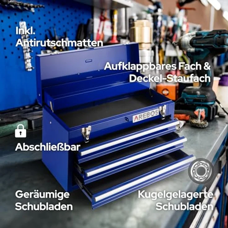 Canbolat Vertriebs Gmbh - AREBOS Werkzeugkoffer mit 3 Schubfächer blau - Werkzeugkasten Werkzeugbox Werkzeugkiste - blau – Bild 3