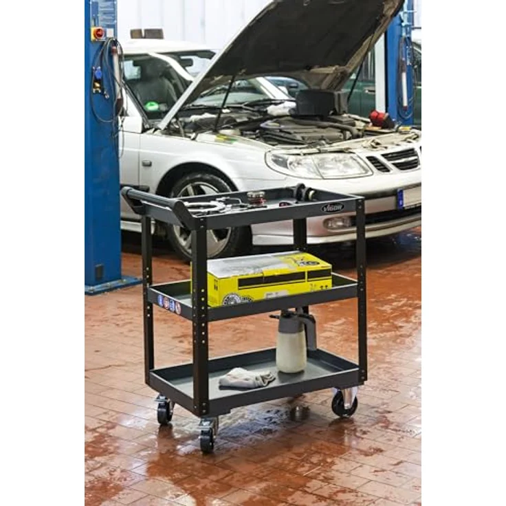 Vigor Servicewagen, stabiler Werkstattwagen aus Stahlblech, 3 Höhenverstellbare Böden, Tragkraft 120 kg, unbestückt – Bild 5