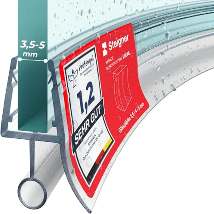 STEIGNER Duschtürdichtung gebogen UK18, 90 cm, Transparent - Duschdichtung für Runddusche Viertelkreis 3,5-5 mm, 100% wasserdicht, einfache Montage, UV- und schimmelresistent – Bild 1