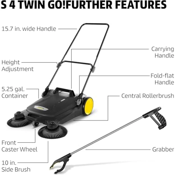 Kärcher S 4 Twin Go!Further, manuelle Kehrmaschine mit 2.400 m²/h Flächenleistung, schwarze Ausführung, 20 Liter Behälter – Bild 3