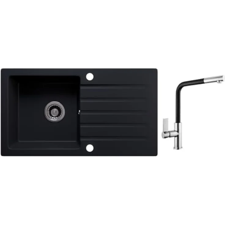 Lindbergh Spülen Rein Schwarz Antibakterielle Granit Spüle "MEG44" + Siphon Einbauspüle Küchenspüle Spülbecken + IMPRÄGNIERUNG - MADE IN GERMANY – Bild 1