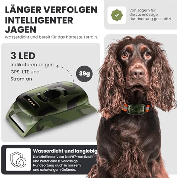 MiniFinder Vexo GPS-Hundetracker 39 g mit Echtzeit-Tracking, M90-Camo-Design, langer Akkulaufzeit & App-Integration für Jäger – Bild 4