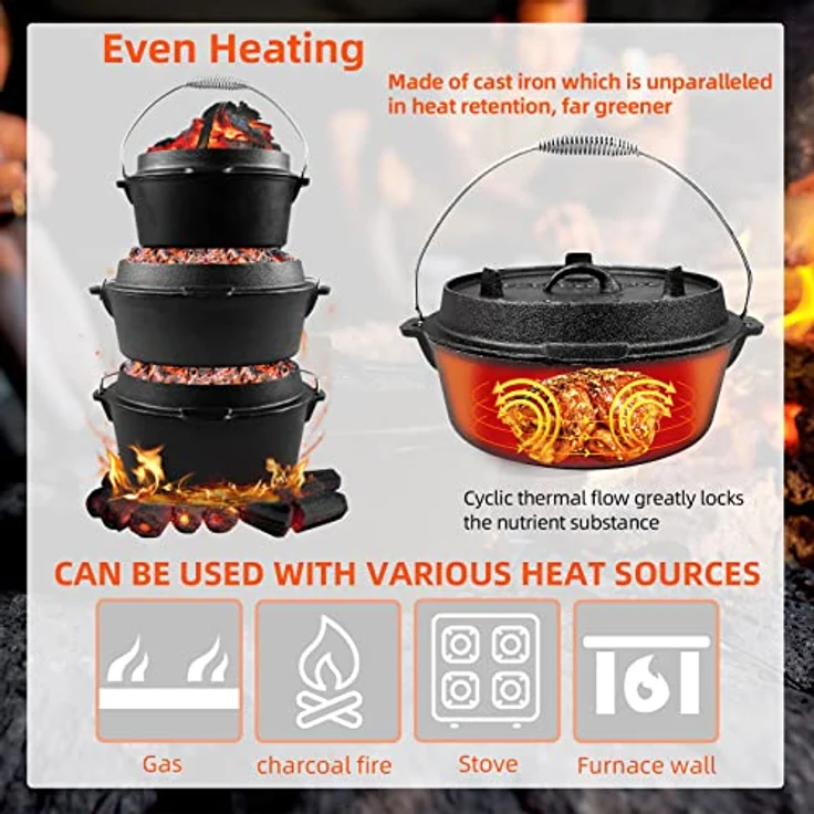 BROILISSIMO Dutch Oven Set Gusseisen, 4-6-9 L, Grilltopf mit Doppelfunktion, ideal für Grill und Camping, stabiler Deckel mit Sicherheitshebern – Bild 4