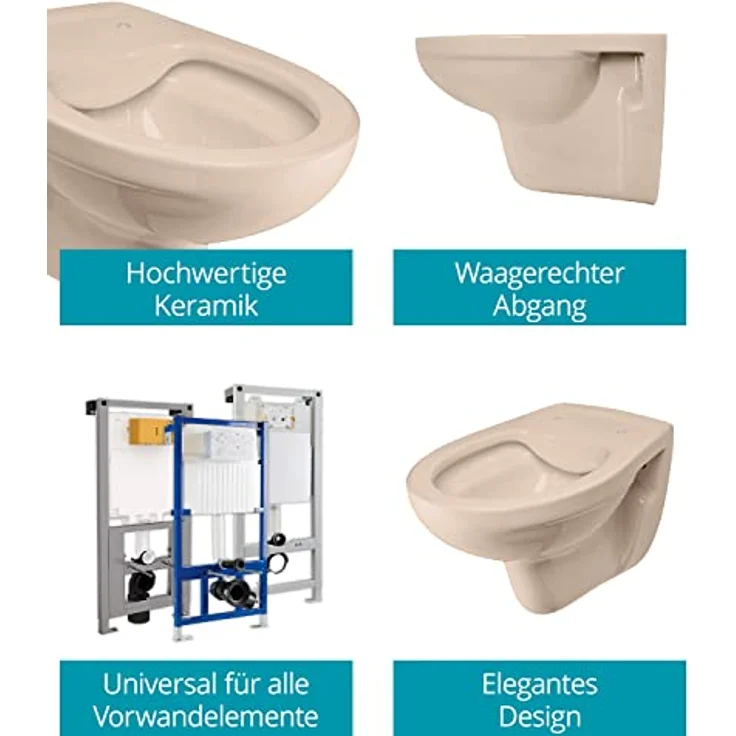 Calmwaters® Spülrandloses Hänge-WC in Beige-Bahamabeige, Wand-WC mit Abgang waagerecht, Tiefspül-WC ohne Spülrand, Tiefspüler wandhängend, Wandtoilette aus Sanitärkeramik in Beige, 08AB6146 – Bild 3