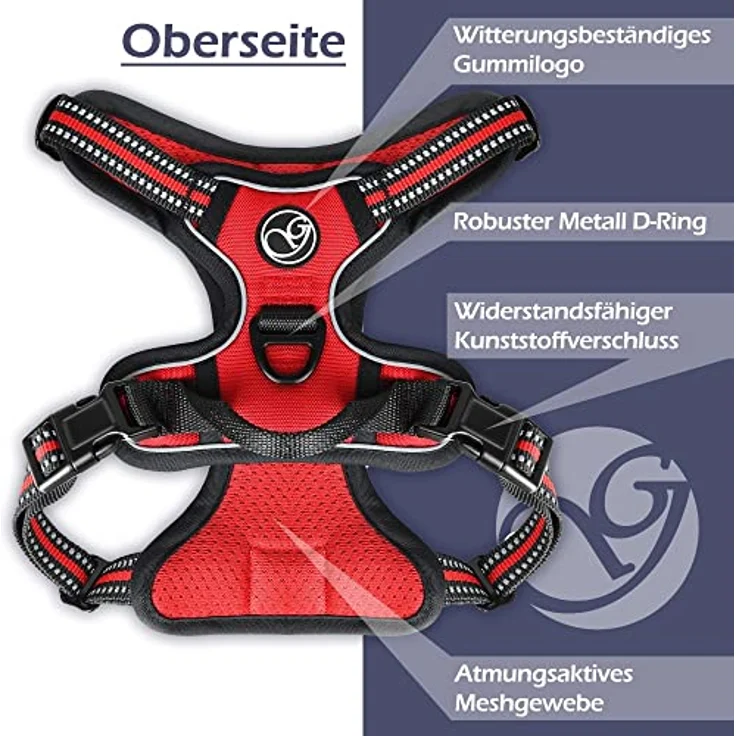 Hunde-Geschirr für kleine und große Hunde, Brustgeschirr gepolstert und reflektierend, verstellbar und atmungsaktiv, Dog Harness - Größe L, Farbe Rot – Bild 2