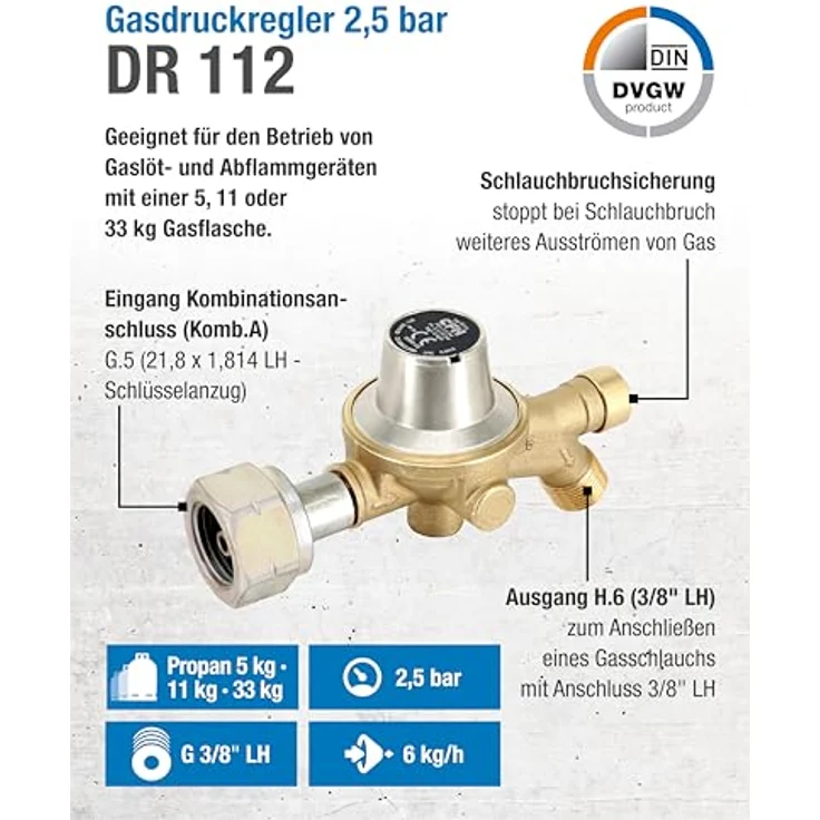 CFH Propan Druckregler DR 112, Gasdruckregler 2,5 bar mit Schlauchbruchsicherung, Eingang G.5 und Ausgang H.6 3/8", Durchfluss 6 kg/h, DVGW zertifiziert – Bild 2
