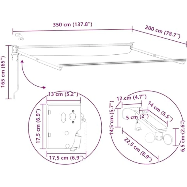 vidaXL Elektrische ausziehbare Markise, 3,5 x 2 m, braun mit LED und Wettersensor – Bild 2