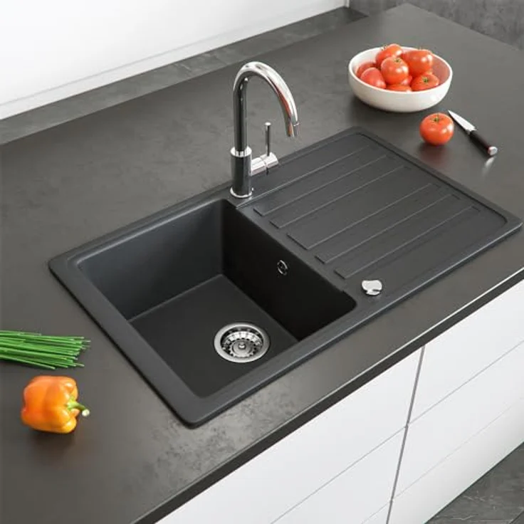 Bergström Spülbecken, Schwarz, 76 x 46 cm mit Trockenplatz, Granitspüle stoßsicher und langlebig – Bild 4