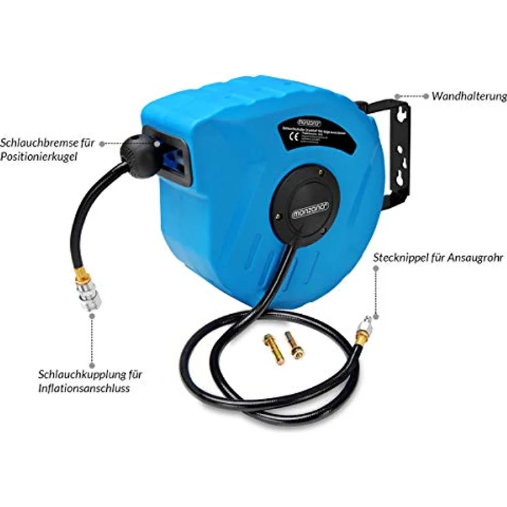 Deuba automatische Schlauchtrommel, 10m Druckluftschlauch mit 1/4" Anschluss, drehbare Wandhalterung, Aufroll-Automatik, stabiles Kunststoffgehäuse – Bild 4