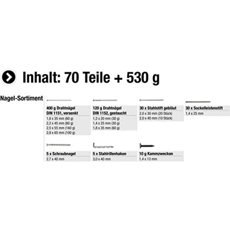 Connex Nagel-Sortiment 70-teilig + 530 g - Nägel & Kammzwecken im Set - Vorsortiert in praktischer Kunststoffbox - Geeignet für Haus, Hobby & Werkstatt - Sortimentskasten - Sortimentsbox - DP8500010 – Bild 3