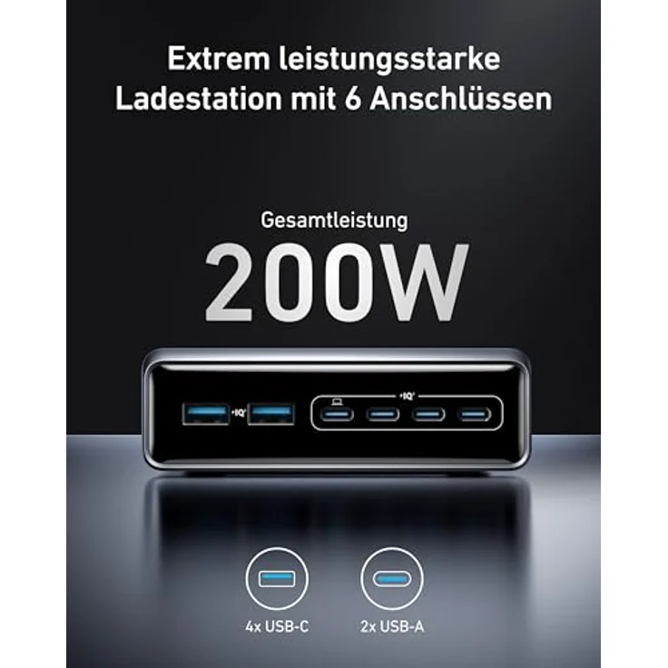 Anker Prime Ladegerät, 200W 6 Anschlüsse GaN Ladestation, USB-C PD Desktop Ladegerät mit Schnell-Laden, kompatibel mit iPhone, Samsung, MacBook, Dell - Schwarz – Bild 2