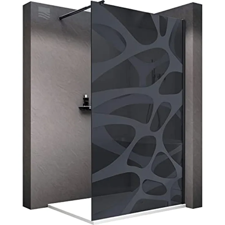 BERNSTEIN Walk-In Duschwand EX101, 140 x 200 cm, 10 mm Nano ESG Glas in Grau mit Milchglas-Muster Wave und schwarzem Profil