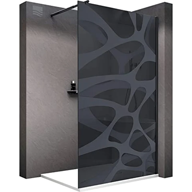 BERNSTEIN Walk-In Duschwand EX101, 140 x 200 cm, 10 mm Nano ESG Glas in Grau mit Milchglas-Muster Wave und schwarzem Profil – Bild 1