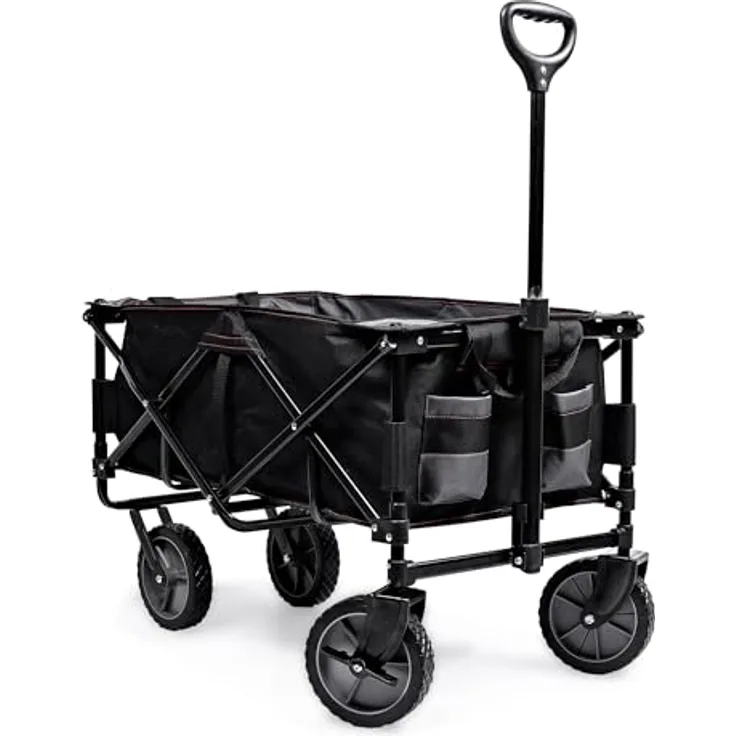 Black+Decker Bollerwagen BDCWBK01, faltbar mit Klettverschlussfach, 2 Außentaschen, Vollgummi-Reifen und Feststellbremse, bis 80 kg Tragkraft, schwarz