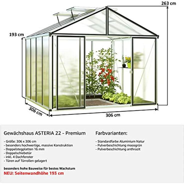 GFP Gewächshaus Asteria 22 Premium 311x311 cm mit integriertem Fundament 16 mm Doppelstegplatten, Anthrazit – Bild 3