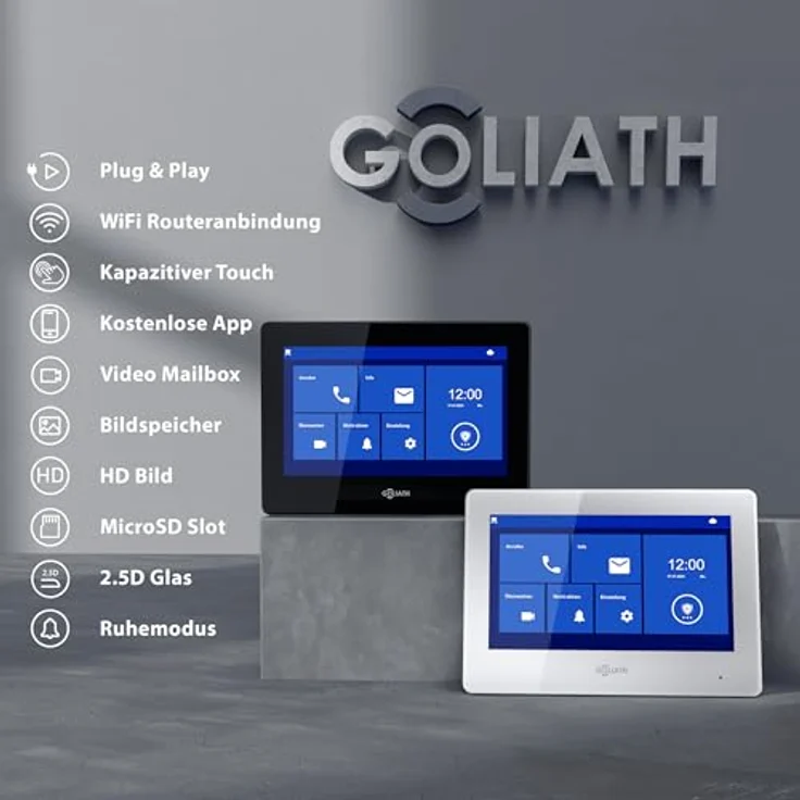 Goliath Intercom Video-Türsprechanlage Basic-Line, 7-Zoll HD Monitor in Weiß/Schwarz, 2-Draht, für 3-Familienhaus mit App-Funktion und 170° Kamera – Bild 3