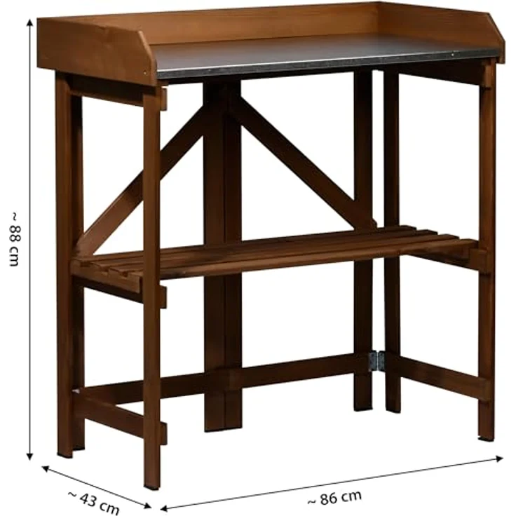 dobar® Klappbarer Pflanztisch aus Massivholz, Faltbarer Umtopftisch mit verzinkter Arbeitsplatte, 85 x 44 x 89 cm, dunkelbraun, wetterfest lasiert – Bild 2