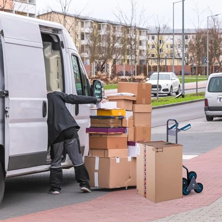 Relaxdays Treppensackkarre 200 kg, Transportkarre für Treppen mit 6-Rad-Konstruktion, höhenverstellbare Griffe, grau und blau – Bild 5