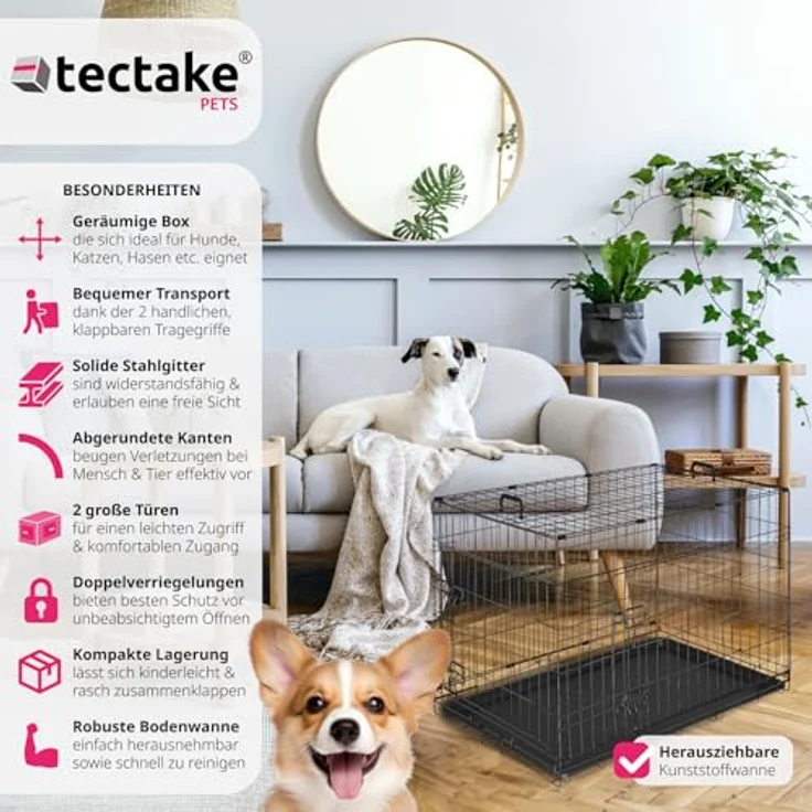 tectake® Hundekäfig, Hundegitter Box, Dog Kennel, Hundebox faltbar, Transportbox stabil, für Hunde und Welpen, für Kofferraum, Auto, Camping und Zuhause, Wohnung - 91,5 x 59,5 x 64 cm, Grau – Bild 2